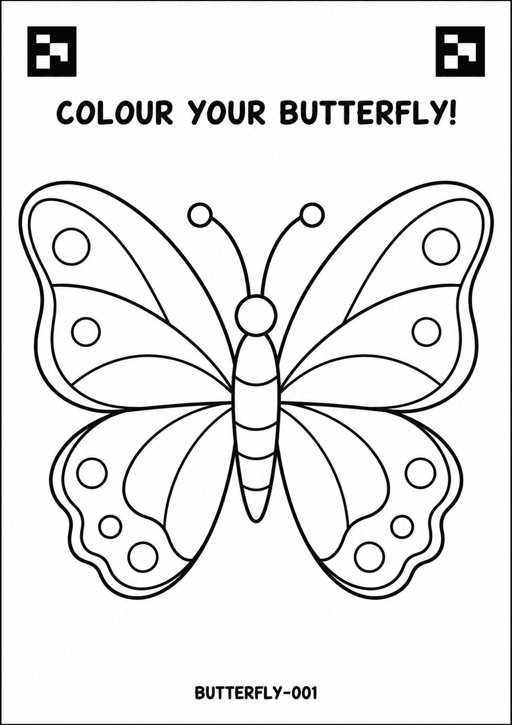 The printed DraWorld butterfly colouring sheet, outline ready for a child to fill in