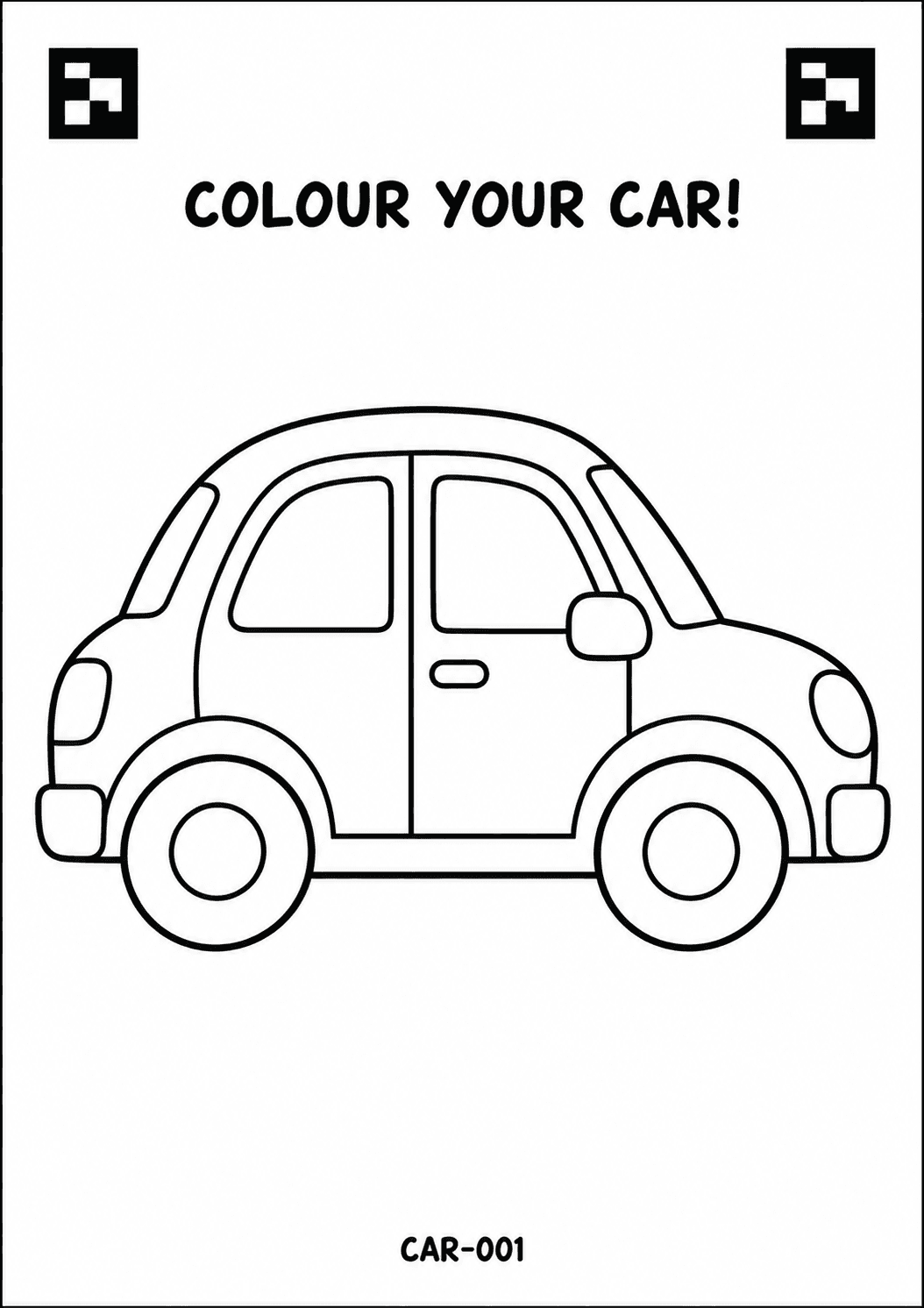 The printed DraWorld car colouring sheet, outline ready for a child to fill in