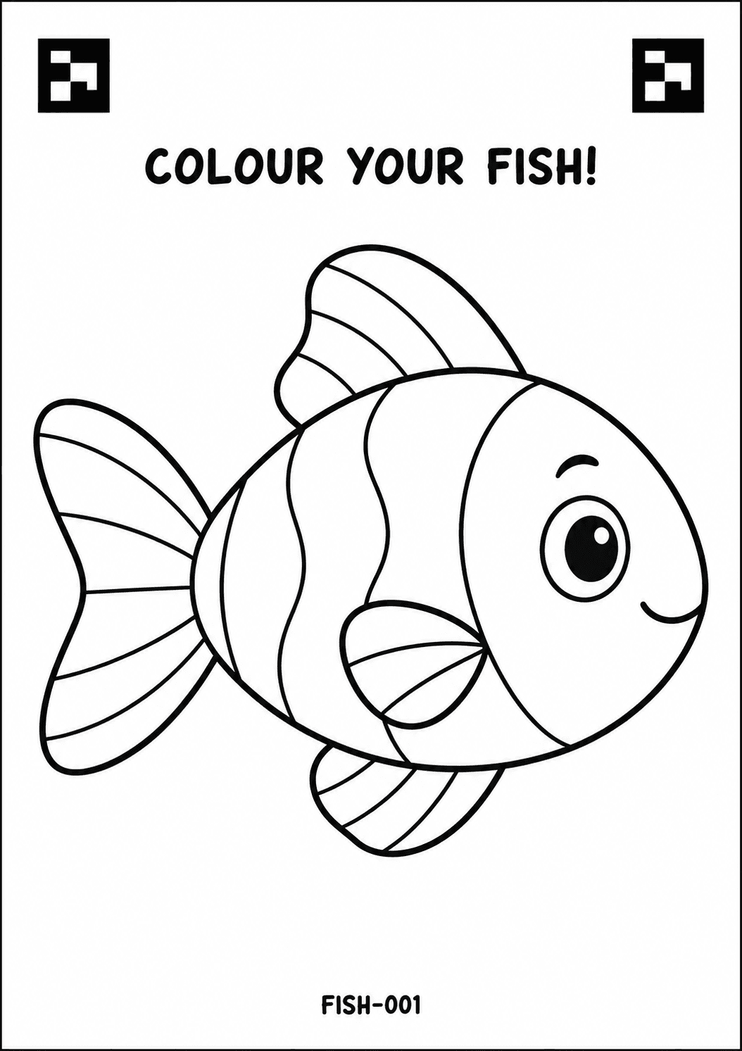 The printed DraWorld fish colouring sheet, outline ready for a child to fill in