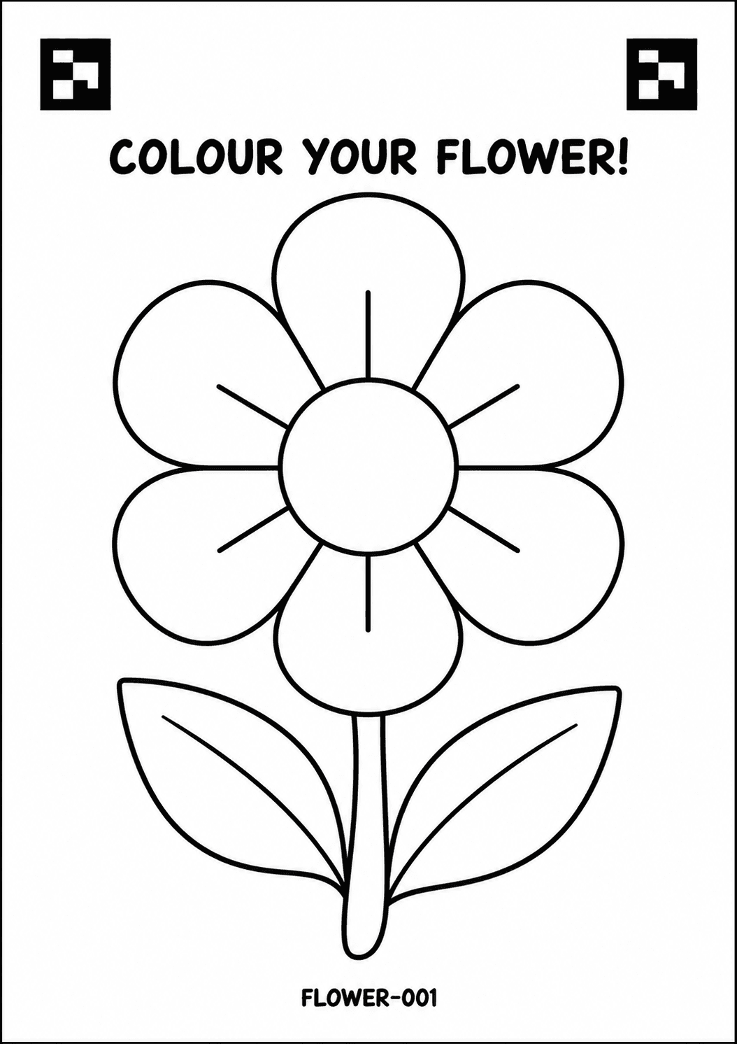 The printed DraWorld flower colouring sheet, outline ready for a child to fill in