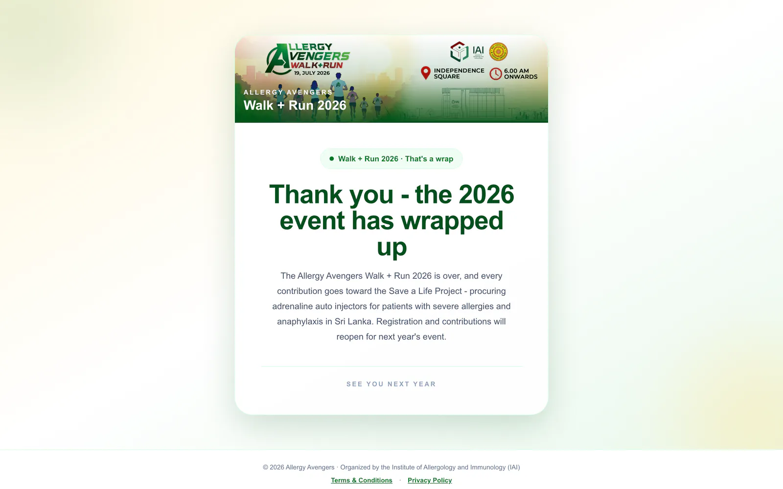 Allergy Avengers Walk + Run 2026 thank-you page: the event banner and the headline Thank you, the 2026 event has wrapped up, on a laptop