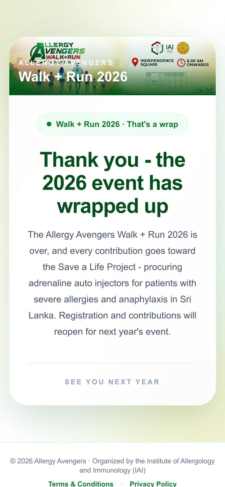 Allergy Avengers Walk + Run 2026 thank-you page: the event banner and the headline Thank you, the 2026 event has wrapped up, on a phone