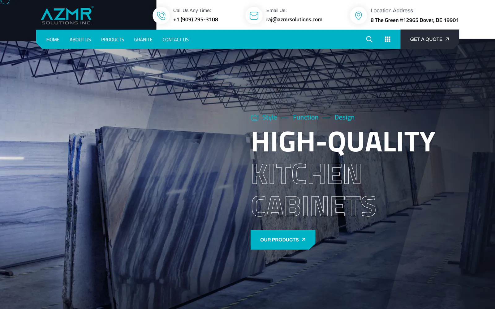 AZMR Solutions home page: a stone warehouse photo with the headline High-quality kitchen cabinets and an Our products button, on a laptop