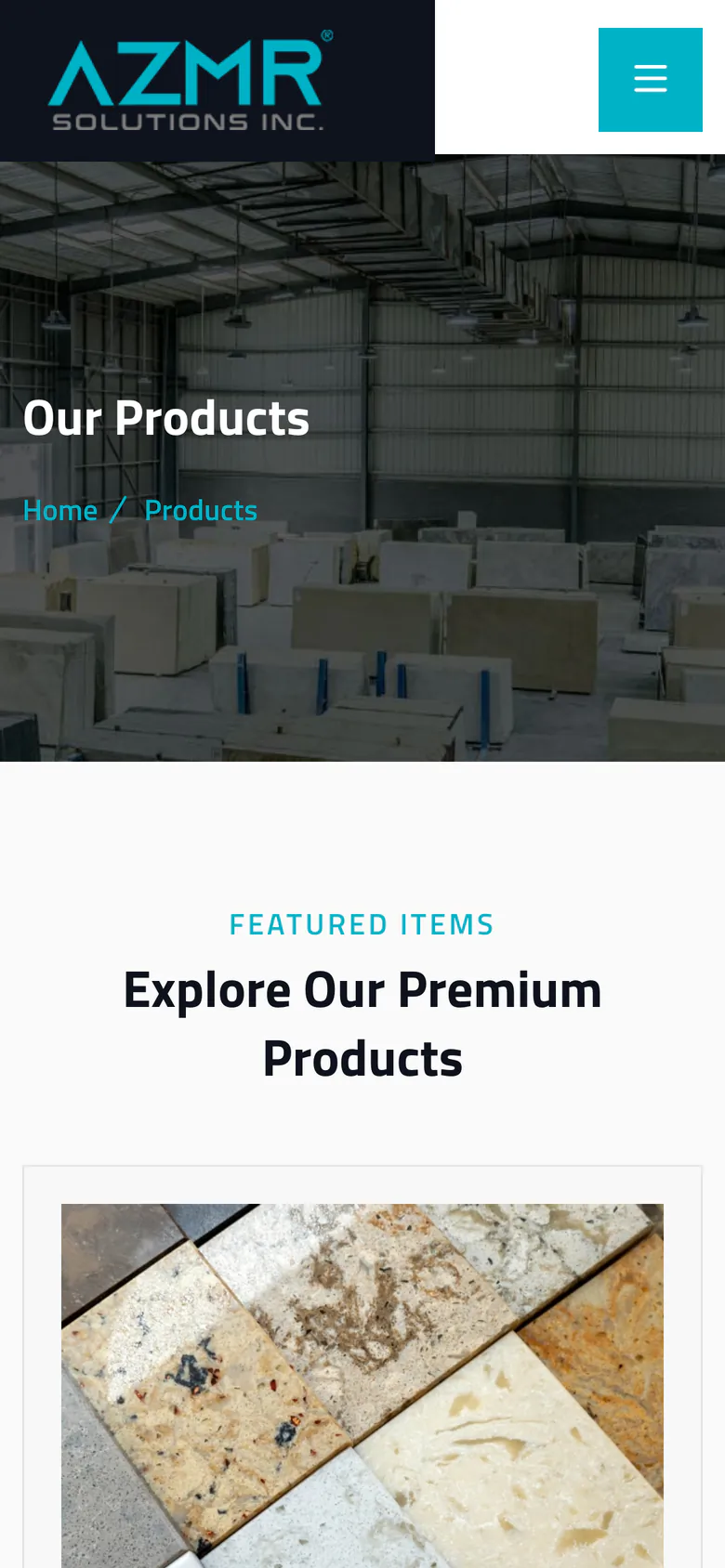 AZMR Solutions Our Products page with Explore Our Premium Products and a quartz slab photo, on a phone