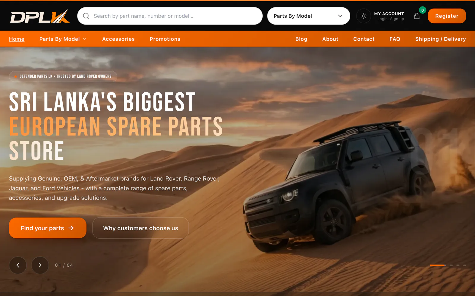 Defender Parts LK home page with part search, a Parts By Model menu and the headline More than parts, expert support, on a laptop