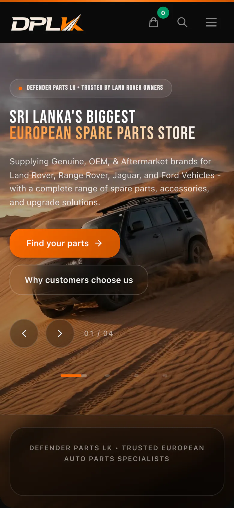Defender Parts LK home page with part search, a Parts By Model menu and the headline More than parts, expert support, on a phone