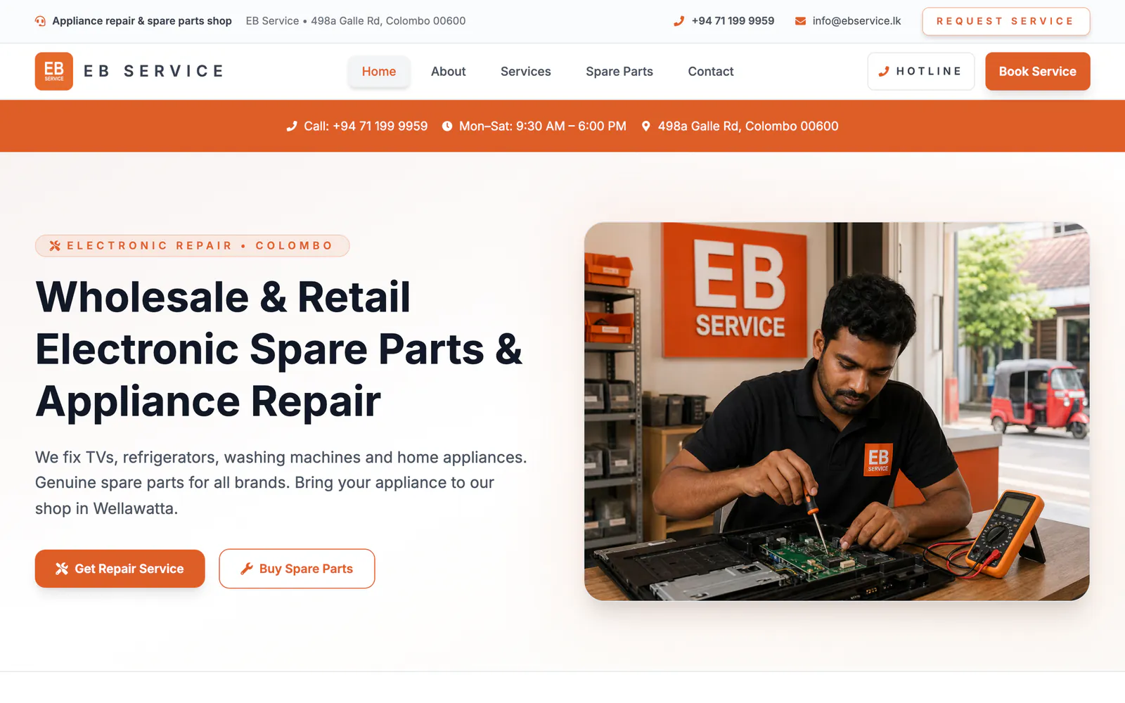 EB Service home page: the headline Wholesale and Retail Electronic Spare Parts and Appliance Repair with Get Repair Service and Buy Spare Parts buttons, on a laptop