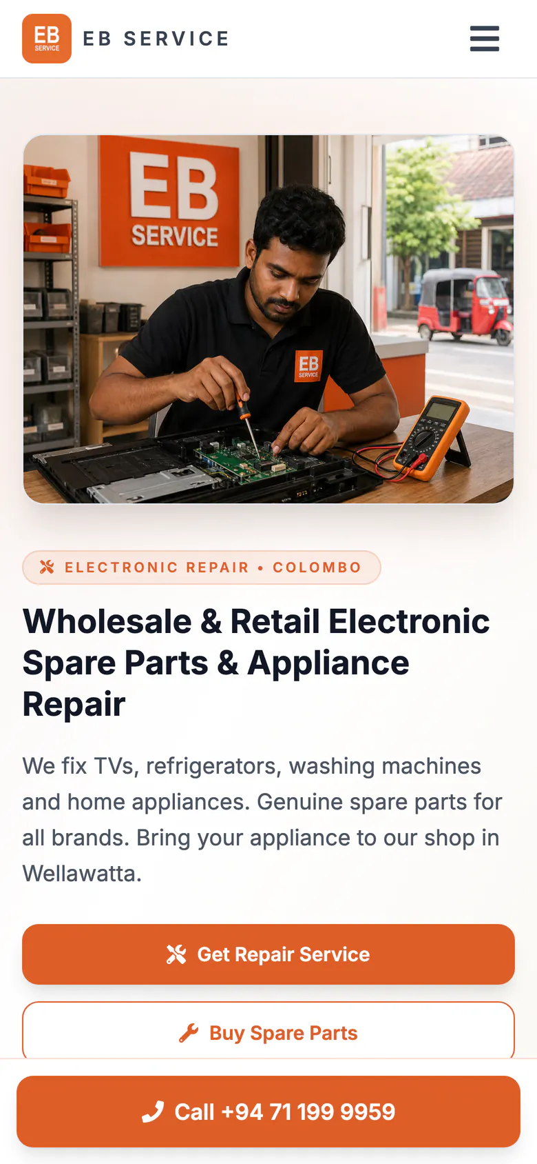 EB Service home page: the headline Wholesale and Retail Electronic Spare Parts and Appliance Repair with Get Repair Service and Buy Spare Parts buttons, on a phone
