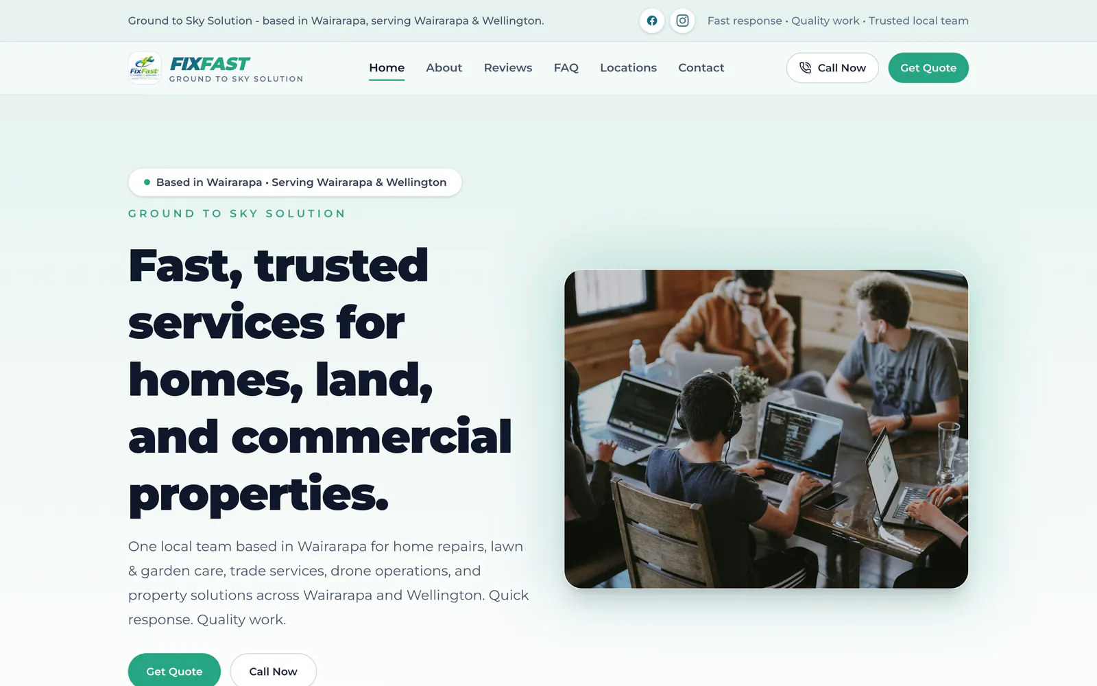 FixFast home page: services for homes, land and commercial properties with Get Quote and Call Now buttons, on a laptop
