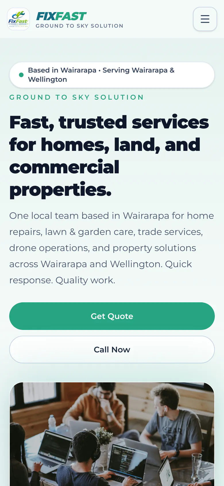 FixFast home page: services for homes, land and commercial properties with Get Quote and Call Now buttons, on a phone