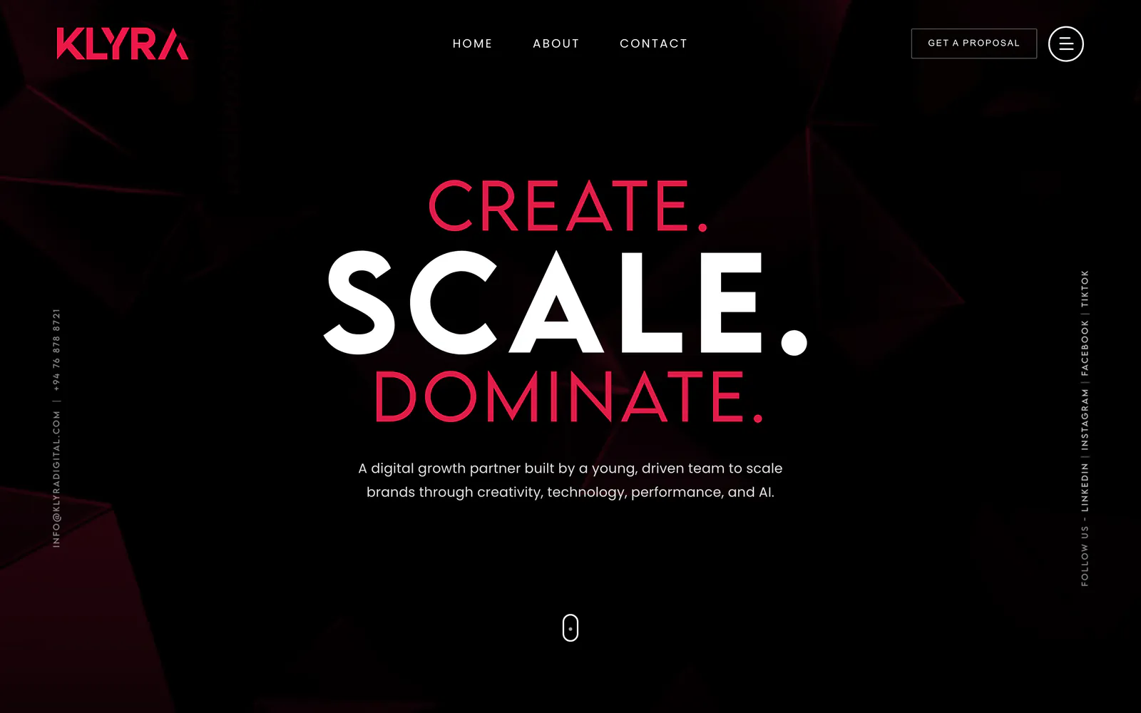 Klyra Digital home page: the headline Create. Scale. Dominate. on a dark red background with a Get a proposal button, on a laptop