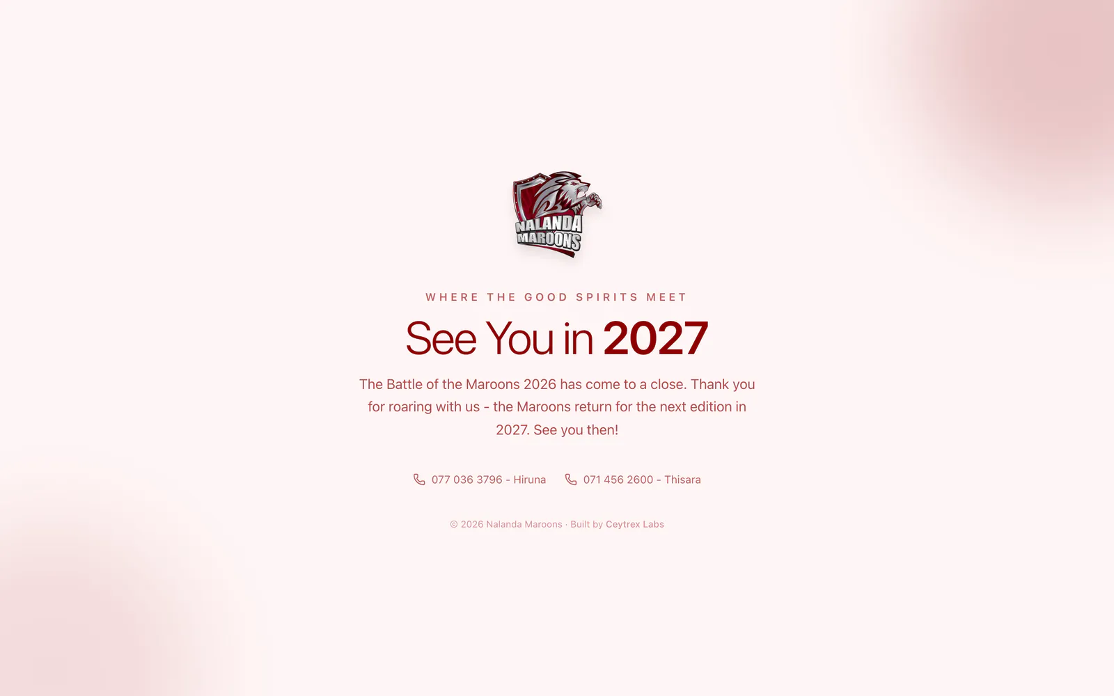 Nalanda Maroons holding page: the Nalanda Maroons crest and the headline See You in 2027, after the Battle of the Maroons 2026, on a laptop