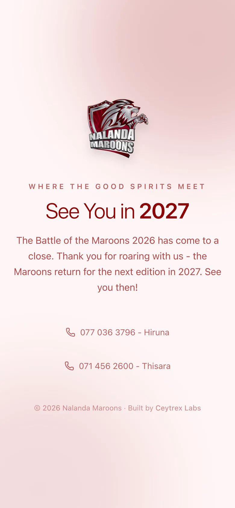 Nalanda Maroons holding page: the Nalanda Maroons crest and the headline See You in 2027, after the Battle of the Maroons 2026, on a phone