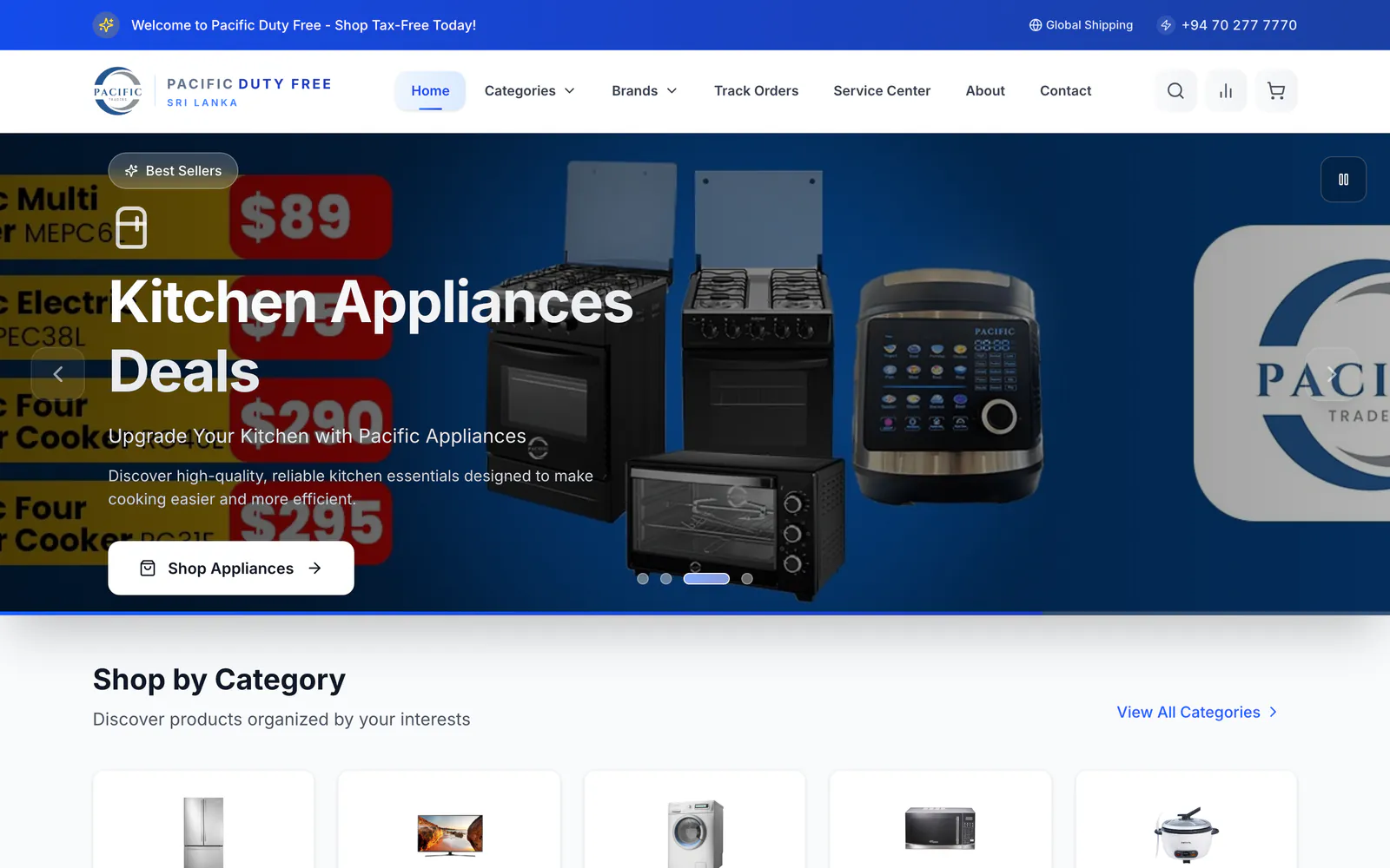 Pacific Duty Free home page with a kitchen appliances promotion, the category menu and Shop by Category, on a laptop