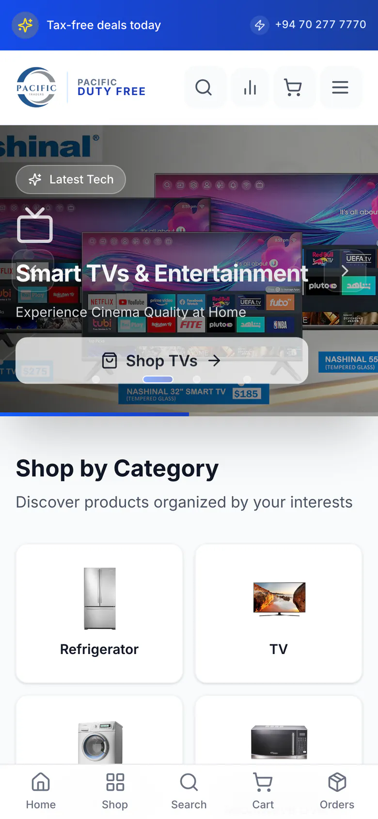Pacific Duty Free mobile home page with a smart TV promotion and Shop by Category, on a phone