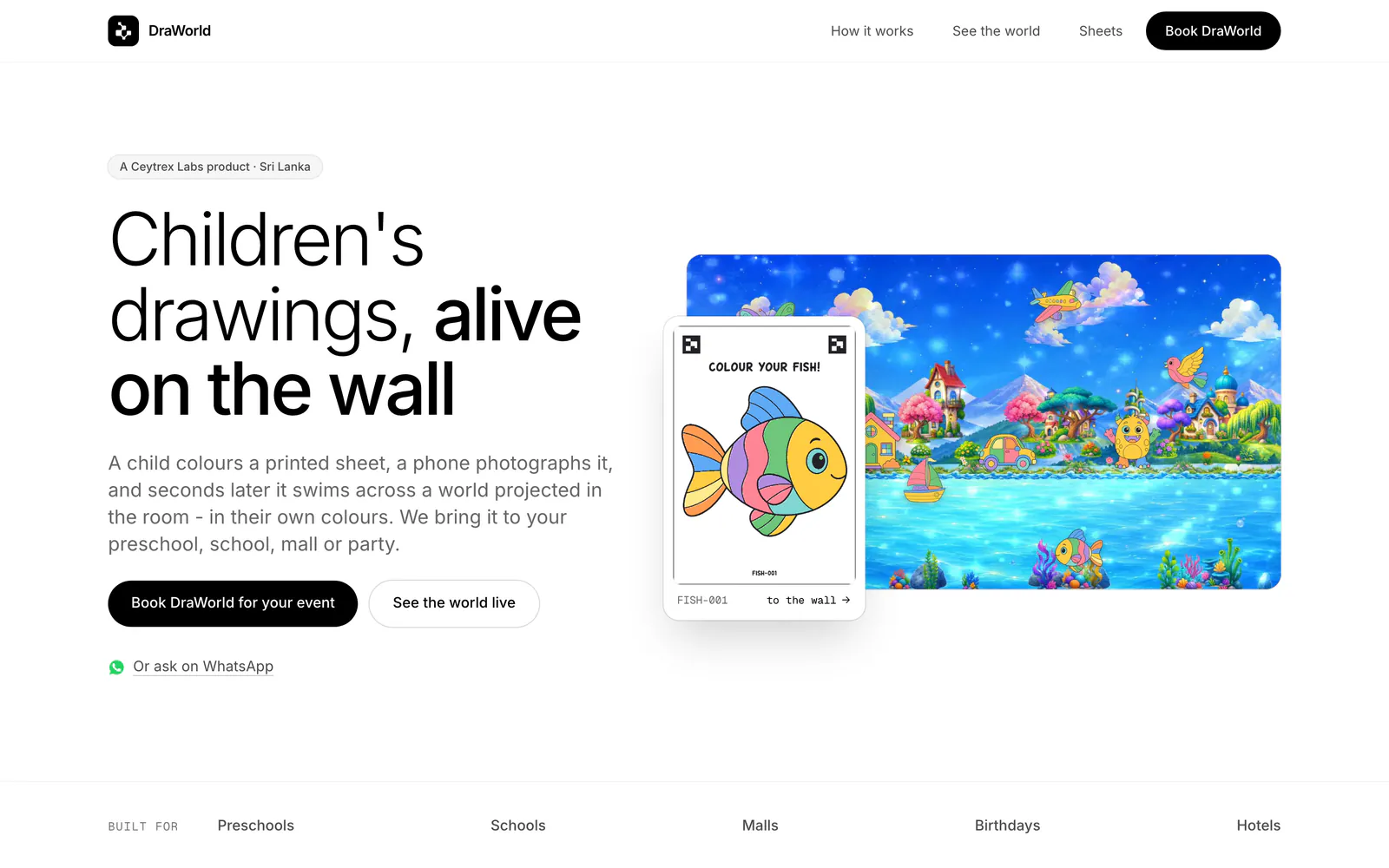 DraWorld home page: Children's drawings, alive on the wall, beside a colouring sheet and the projected world, on a laptop