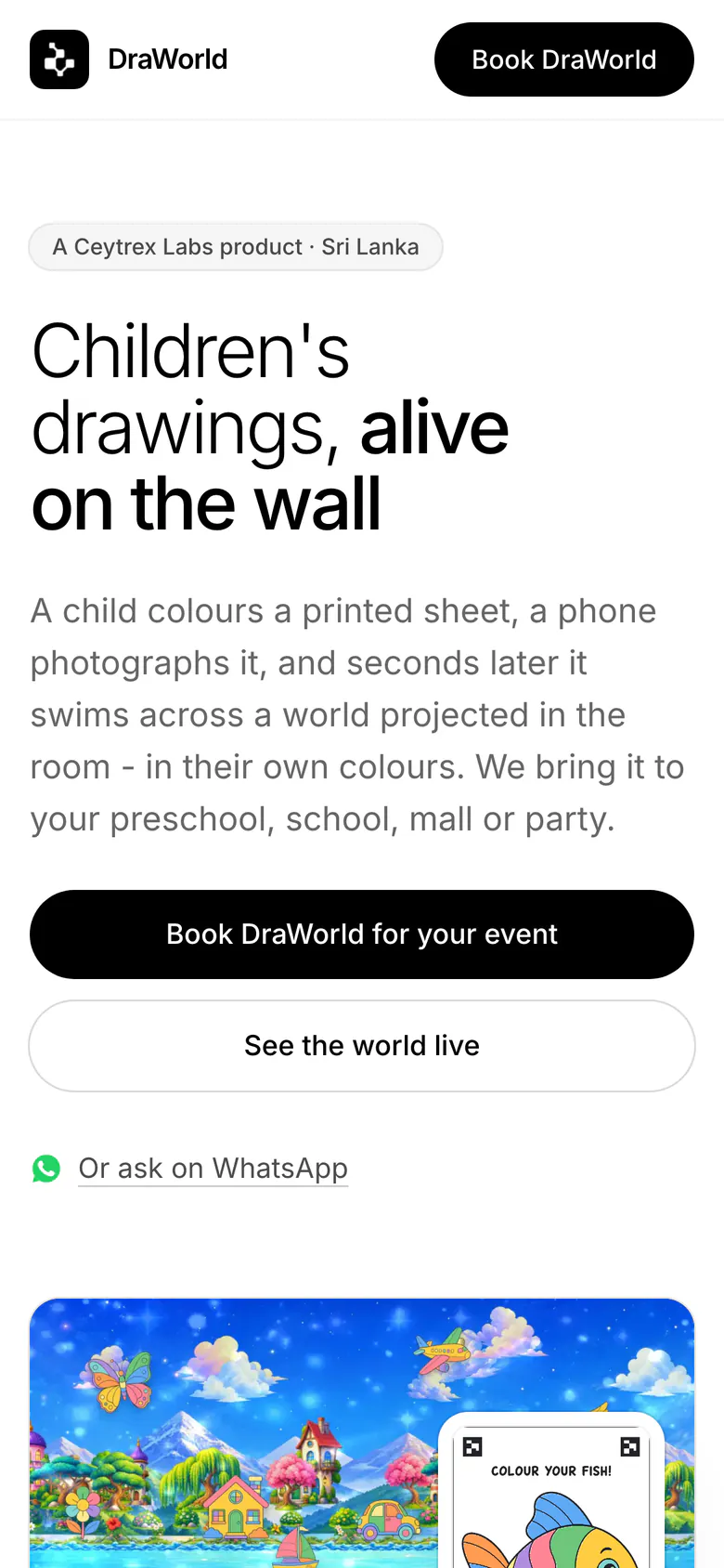 DraWorld home page: Children's drawings, alive on the wall, beside a colouring sheet and the projected world, on a phone