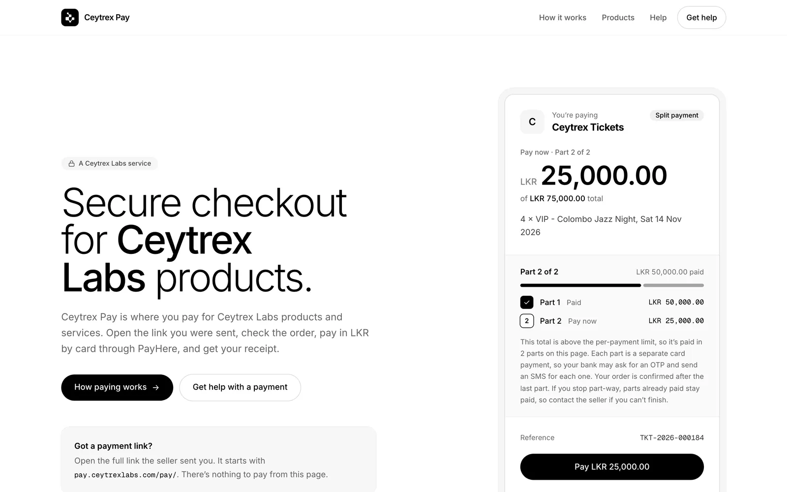 Ceytrex Pay home page: Secure checkout for Ceytrex Labs products, beside a payment link card, on a laptop