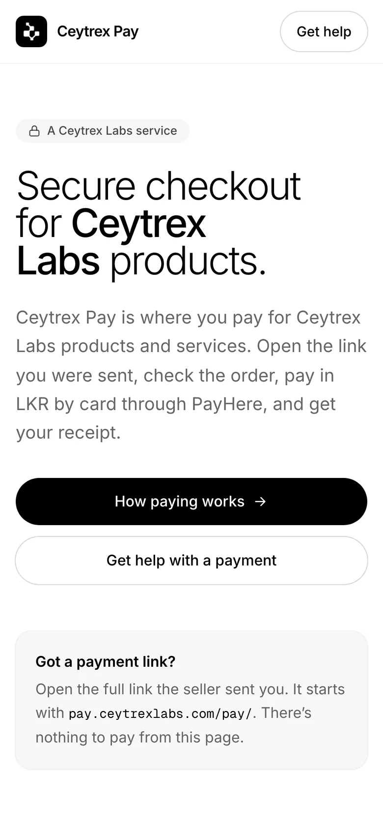 Ceytrex Pay home page: Secure checkout for Ceytrex Labs products, beside a payment link card, on a phone