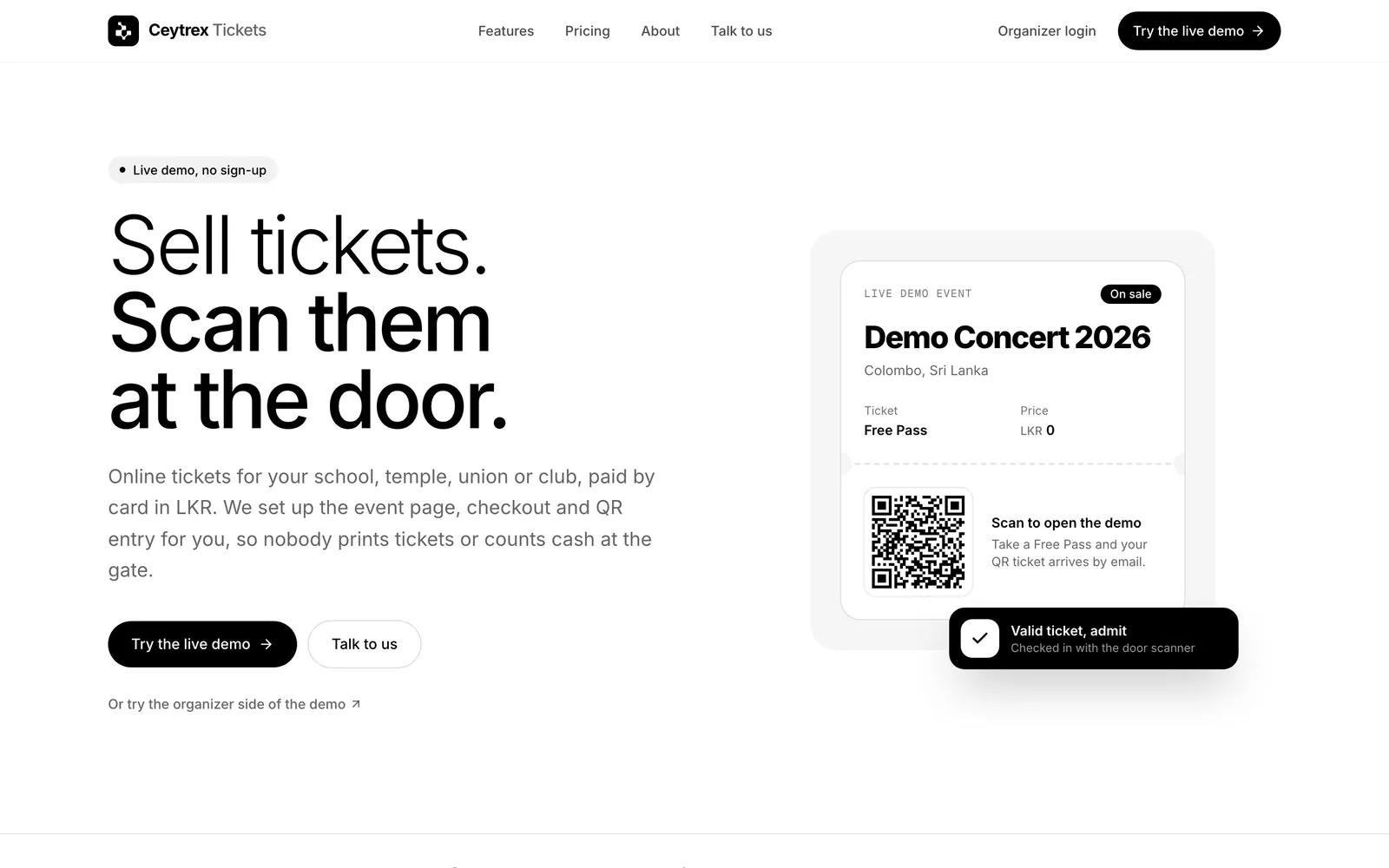 Ceytrex Tickets product site: the headline Sell tickets. Scan them at the door. beside a demo event ticket with a QR code, on a laptop