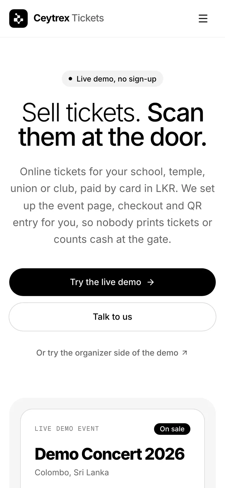 Ceytrex Tickets product site: the headline Sell tickets. Scan them at the door. beside a demo event ticket with a QR code, on a phone
