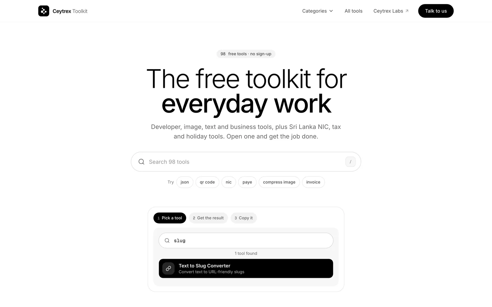 Ceytrex Toolkit home page: The free toolkit for everyday work, with a search box for 98 tools, on a laptop