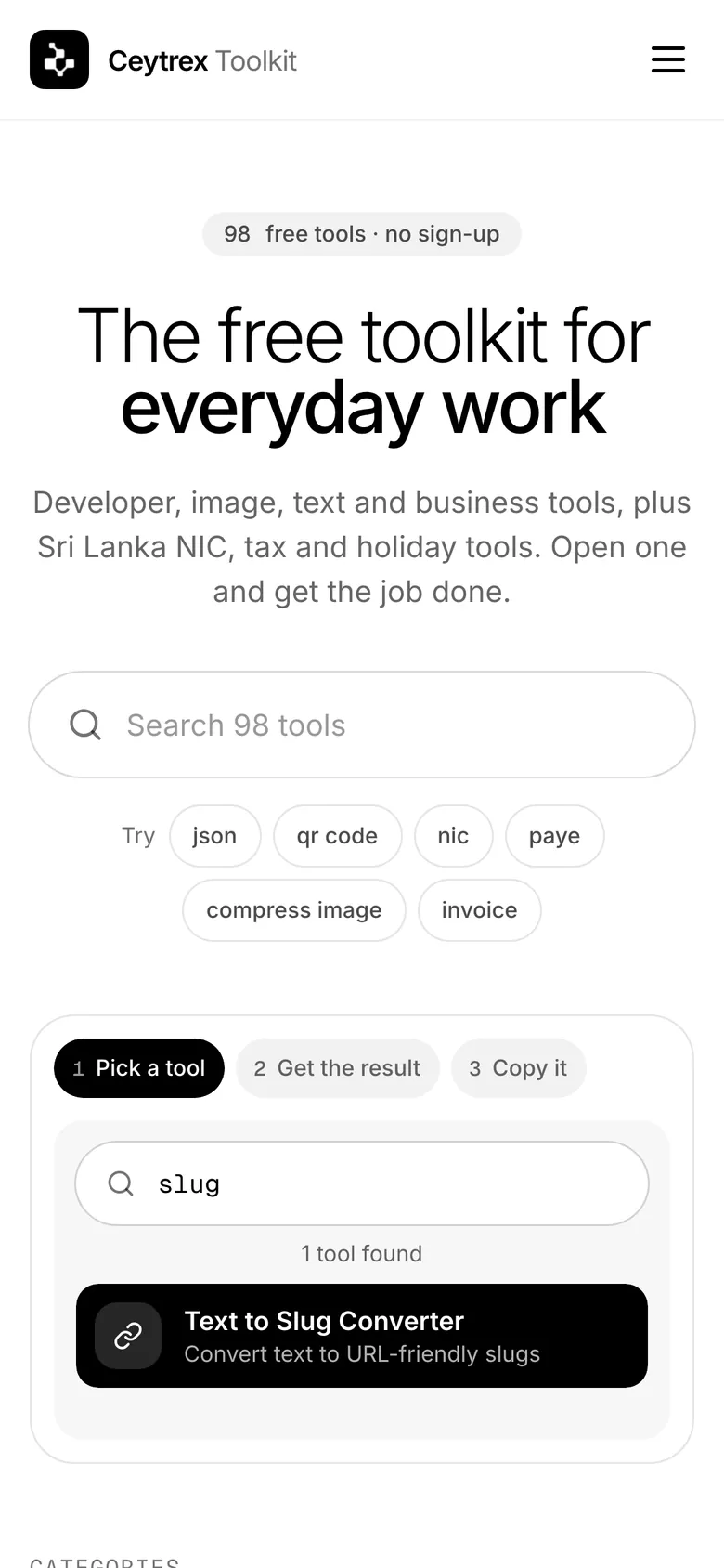 Ceytrex Toolkit home page: The free toolkit for everyday work, with a search box for 98 tools, on a phone