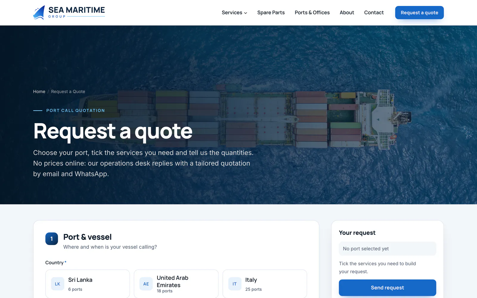 Sea Maritime Group Request a quote page: Port and vessel step with Sri Lanka, United Arab Emirates and Italy, and a Your request summary, on a laptop