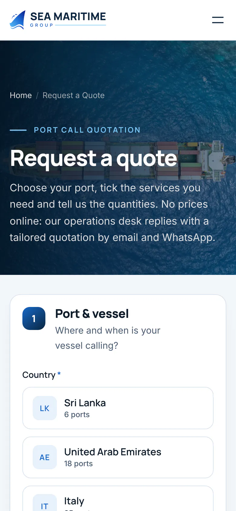Sea Maritime Group Request a quote page on mobile with the Port and vessel step, on a phone
