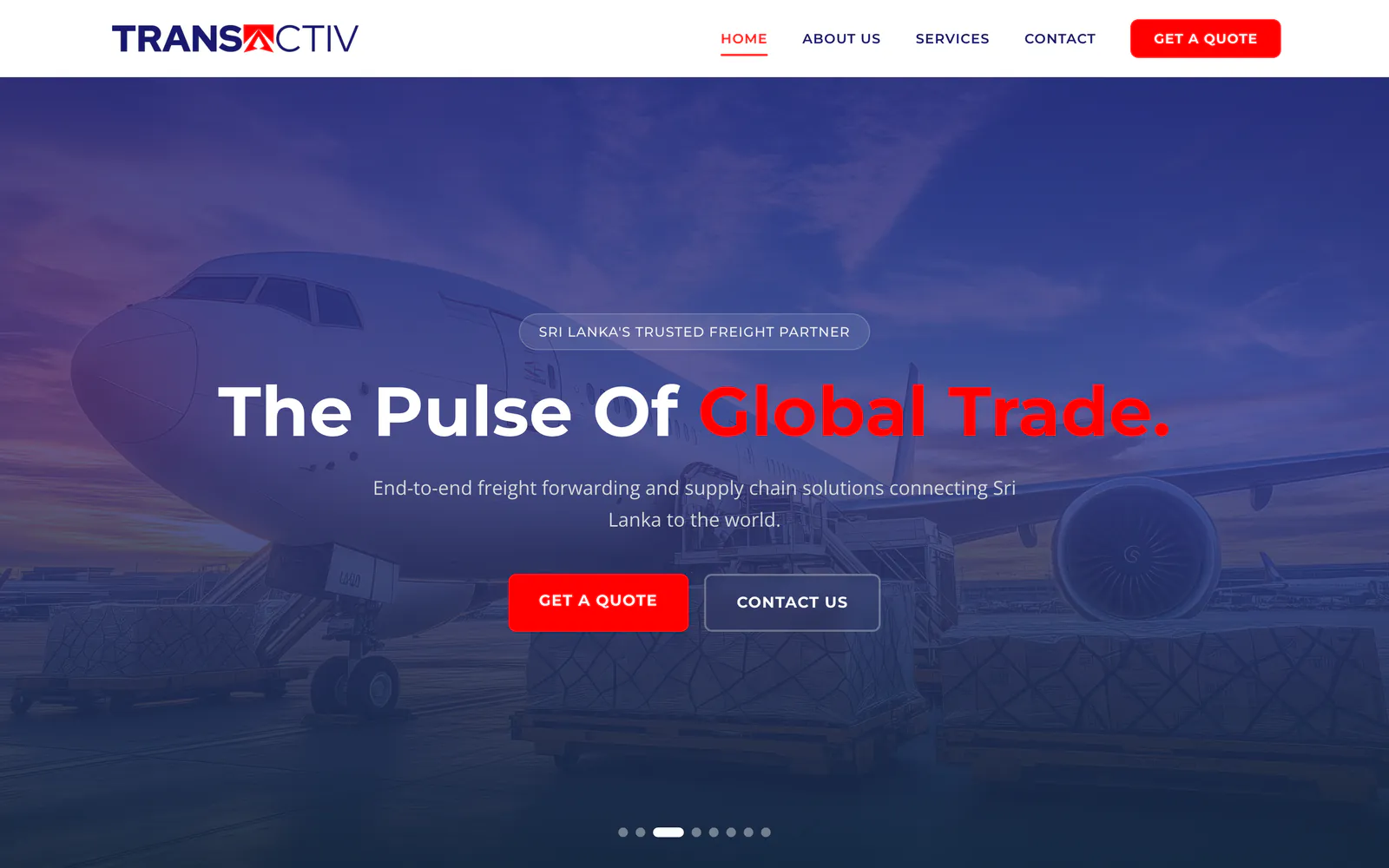 Transactiv Logistics home page: the freight headline The Pulse Of Global Trade with Get a Quote and Contact Us buttons, on a laptop