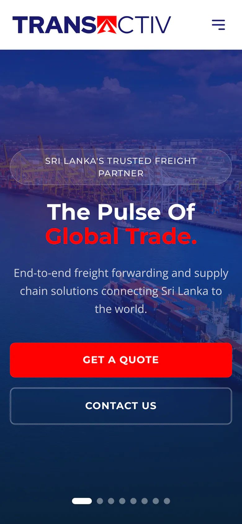 Transactiv Logistics home page: the freight headline The Pulse Of Global Trade with Get a Quote and Contact Us buttons, on a phone