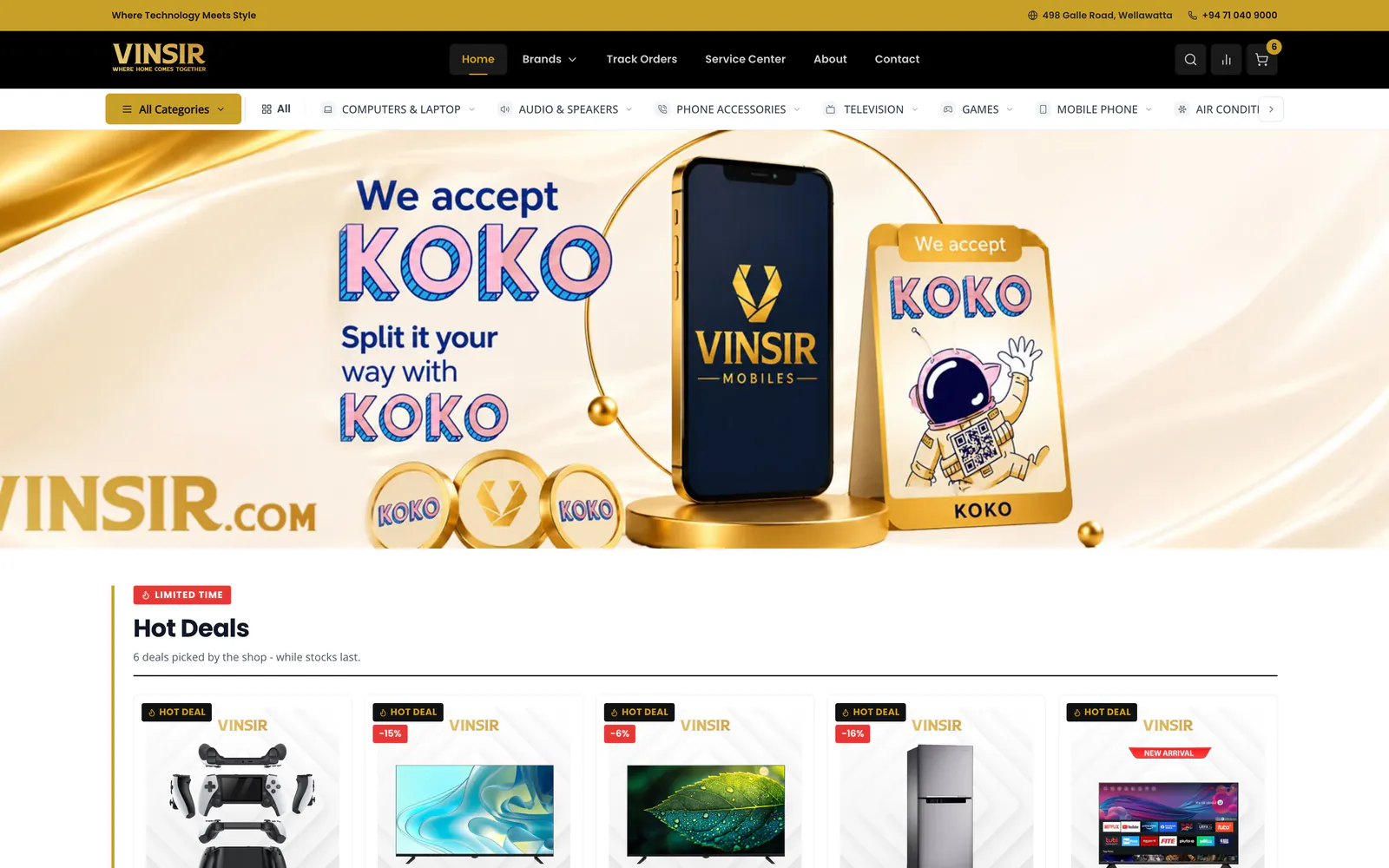 Vinsir online store home page with the Vinsir header, the category menu, a We accept KOKO banner and Hot Deals, on a laptop