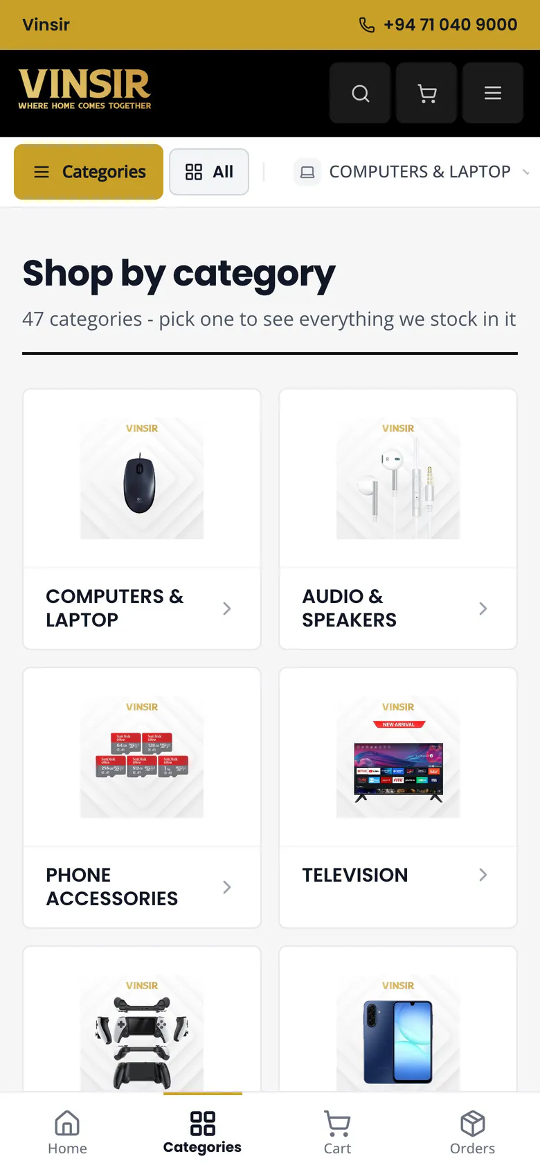Vinsir online store: the Shop by category page with product category tiles, on a phone